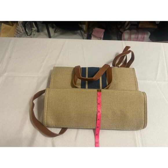 Neutral Woven Tote with Navy Stripe & Faux Leather Handles - Picture 4 of 7